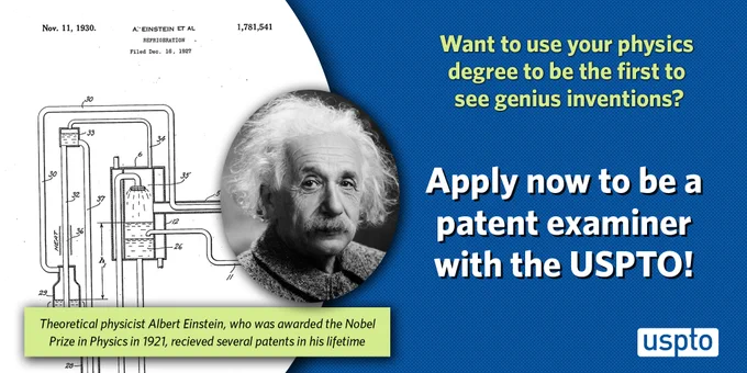Want to use your physics degree to be the first to see genius inventions? Apply! Photo of Einstein plus his patent art