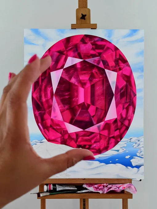 'Fire Under Ice' Ruby painting by Reena. 100% proceeds go to the Pink Polar Bear Foundation for conservation, community and research. 