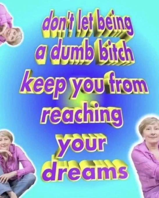 Purple and yellow text on a blue background that reads “don’t let being a dumb bitch keep you from reaching your dreams”