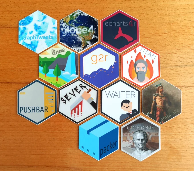 12 hex logo stickers for the packages graphTweets, globe4r, echarts4r, linne, g2r, titan, pushbar, sever, waiter, ambiorix, packer, and cicerone. 