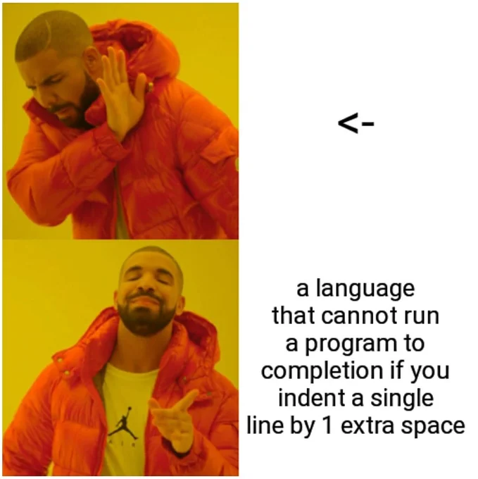 Drake hotline bling meme format. 

Drake does not like "<-" as the assignment operator commonly used by R stats programmers.
Instead, Drake prefers "a language that cannot run a program to completion if you indent a single line by 1 extra space" which a comparably petty complaint about Python.

The author is just mad because there are genuine problems with RStats but using <- instead of = is really just not that big of a deal.