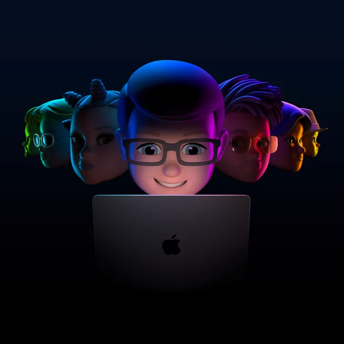 A flying V of Memojis that include developers and Tim in the center are shaded in partial light. Tim looks at a Macbook in front of him.