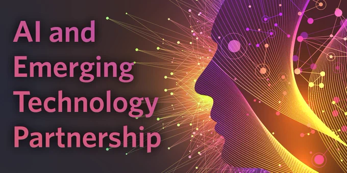 A human silhouette with light trails and the words "AI and Emerging Technology Partnership"