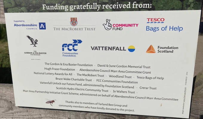 A funding board detailing all those who have backed Tarland's Apiary. 