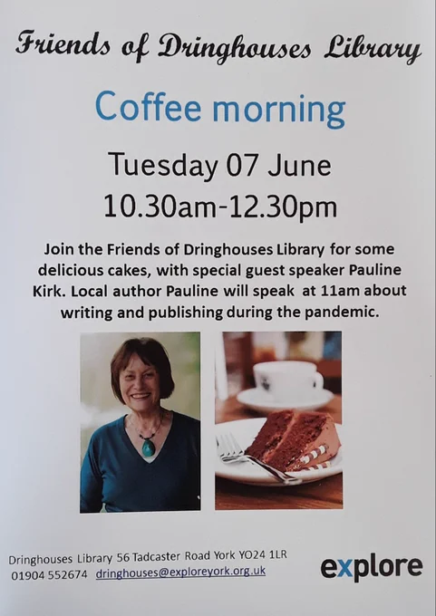 Poster advertising the coffee morning with a picture of Pauline Kirk and a coffee cup and slice of cake.