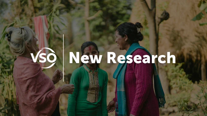 Photograph of people laughing together with VSO logo and text reading 'New Research'