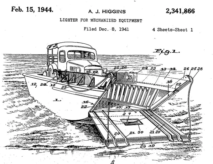 Drawing for U.S. Patent No. 2,341,866 for an amphibious landing vessel with a military vehicle on it in the ocean
