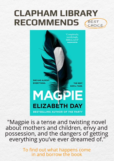 Magpie Elizabeth Day
Library book choice 
Reading is fun 