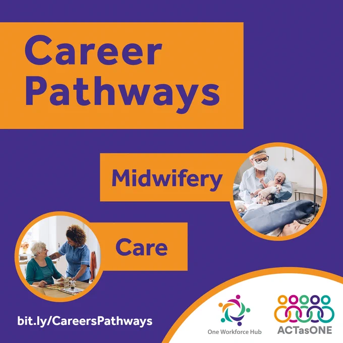 Image of a midwife holding a new born baby and an image of a carer helping an elderly woman.