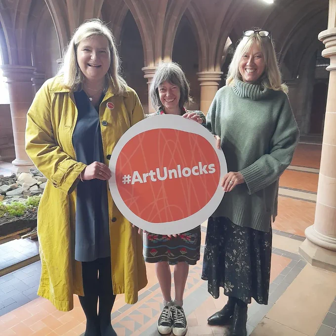 Jenni Minto MSP with Morven Gregor and Sophie Crichton-Stuart, next to Abbas Akhavans work in the crypt space.