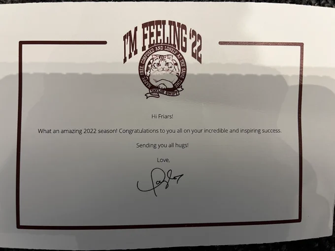 Letter from Taylor Swift to Friars