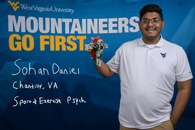 Sohan holding a Star Wars figurine. Text reads: Sohan Daniel. Chantilly, VA. Sport and Exercise Psych.