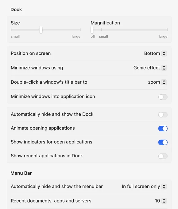 Dock settings in macOS 13 Ventura
