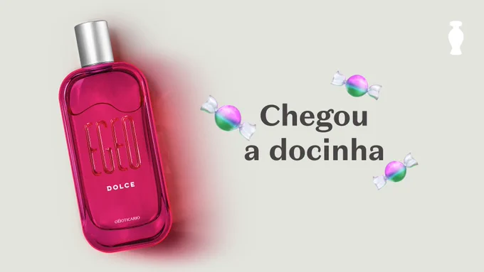 Com a cor off white no fundo, o card tem o Egeo Dolce a esquerda e, a direita, o copy "Chegou a docinha" com três emojis de bala em volta. 