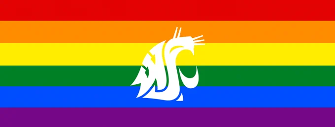 A white Cougar head is overlaid on a Pride flag pattern.