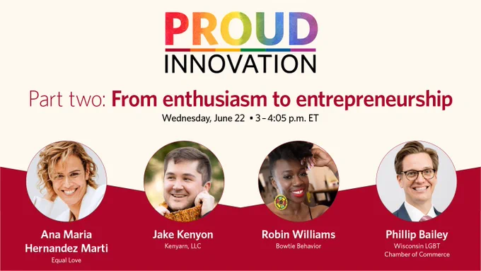 Headshots of the four speakers with information about the program and the title "Proud Innovation" in rainbow colors