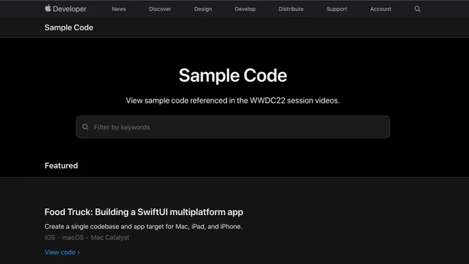 Screenshot of the web page where we can get code samples from Apple WWDC sessions