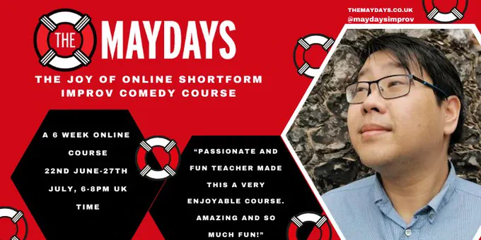 event image for The Maydays Online Improv Course 'The joy of Online Shortform' with Jon Nguyen. 6 weeks from 22nd June to 27th July, 6-8pm UK time. Image of Jon wearing a blue shirt and glasses looking up