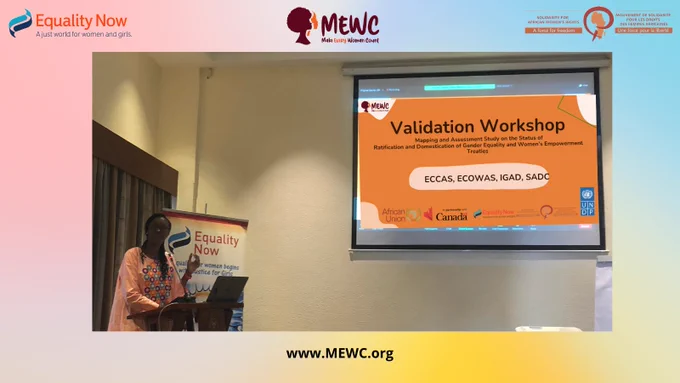 Photograph of Executive Director, Rainatou Sow, presenting the Validation Workshop regarding ECCAS, ECOWAS, IGAD and SADC. 
Equality Now, MEWC and SOAWR logos. 
www.MEWC.org