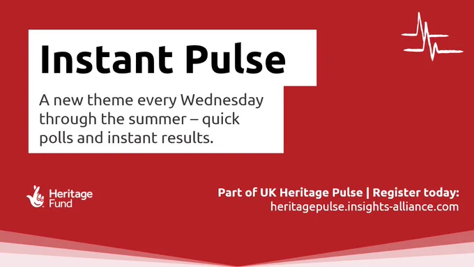 Text on image: Instant Pulse. A new theme every Wednesday through the summer - quick polls and instant results. Part of UK Heritage Pulse. Register today: heritagepulse.insights-alliance.com