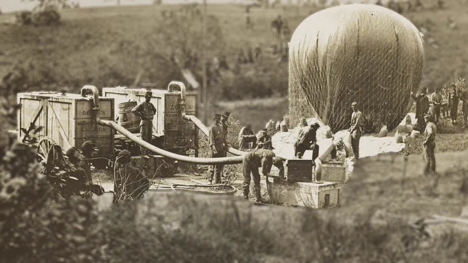 Photo of Thaddeus Lowe's military balloon near Gaines Mill, Virginia. (Photo Credit: Matthew Brady; modified by U.S. Army Geospatial Center)