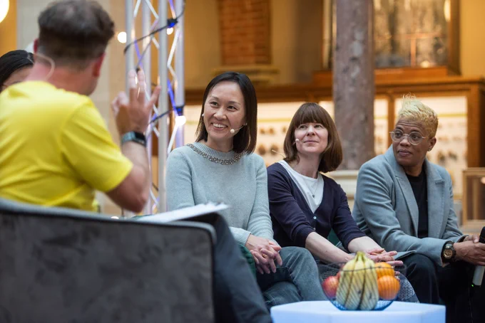 'Science on the Sofa' host Oli Moore in conversation with four Science Together participants (credit: John Cairns)