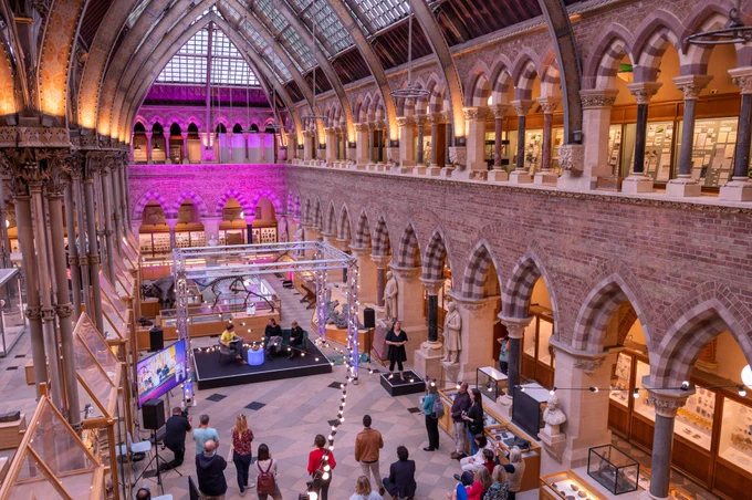 Aerial view of audience and guests at the 'Science on the Sofa' event at the Oxford University Museum of Natural History on 7 June (credit: John Cairns)