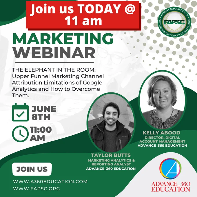 REGISTER: https://a360education.com/advance-360-education-fapsc-limitations_ga/  

It's not too late to register for @A360Education webinar. Join us TODAY at 11 am (EST) - Google Analytics and marketing. Never stop learning!
