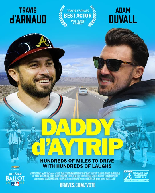 A (made-up) movie poster: "Daddy d'aytrip" starring Travis d'Arnaud and Adam Duvall.