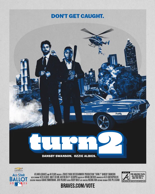 A (made-up) movie poster: "Turn 2" starring Dansby Swanson and Ozzie Albies. 