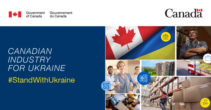 The Canadian and Ukrainian flags, commodities being delivered, and various individuals. With text: Canadian Industry for Ukraine. #SupportUkraine.