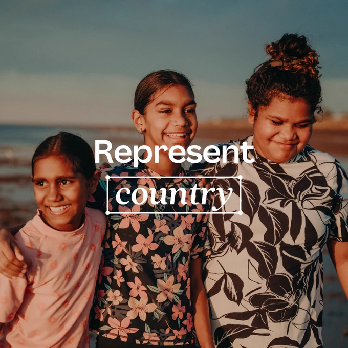 Photo of indigenous youth smiling, photographed by Bobbi Lockyer. The text on the photo reads "Represent country". 