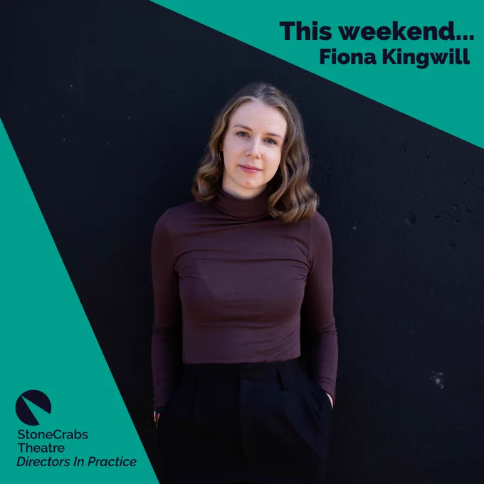 A square which has a teal background with a spotlight shining from the upper left corner which has a photo in it. The photo shows a young woman with pale skin and shoulder length light brown hair. She is wearing a brown turtleneck and is standing in front of a black wall. Dark indigo text in the upper right corner reads: This weekend...Fiona Kingwill.