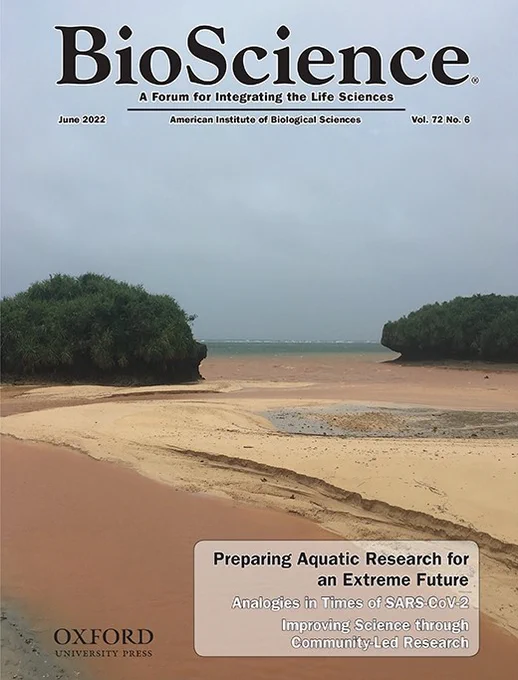 Cover image for the journal BioScience, vol 72, No 6, shows the ocean horizon under a stormy sky. A stream flows out to sea over a sandy beach, with dark and red water full of particulate matter after a storm
