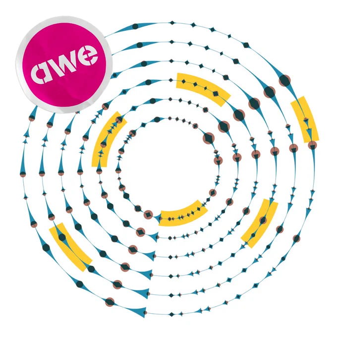 A diagrammatic illustration of Longplayer’s mathematical score, with several concentric circles, each featuring thick and thin areas, different shapes and colour highlights indicating differing types of sound. Art Week Exeter’s ‘awe’ logo is included in a magenta-coloured graphic of a sticker, overlaid on the top-right corner of the artwork.