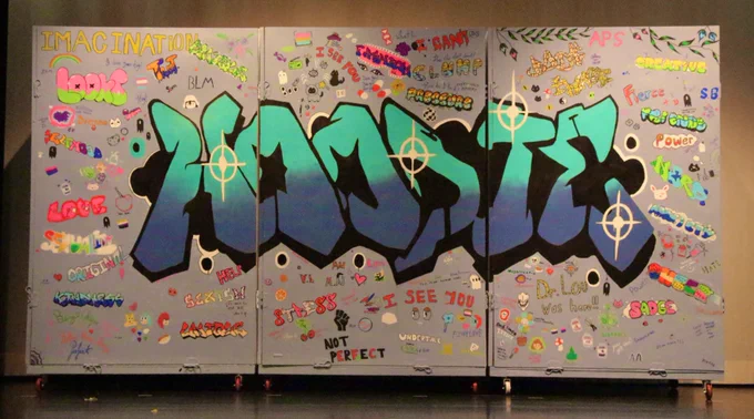 The word “Hoodie” is graffiti style in the center of a pale blue background. Surrounding it are a variety of words  and drawings.