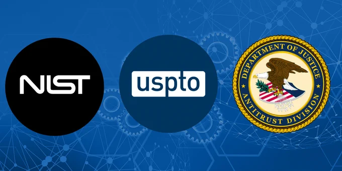 The logos of NIST, the USPTO, and the Department of Justice Antitrust Division