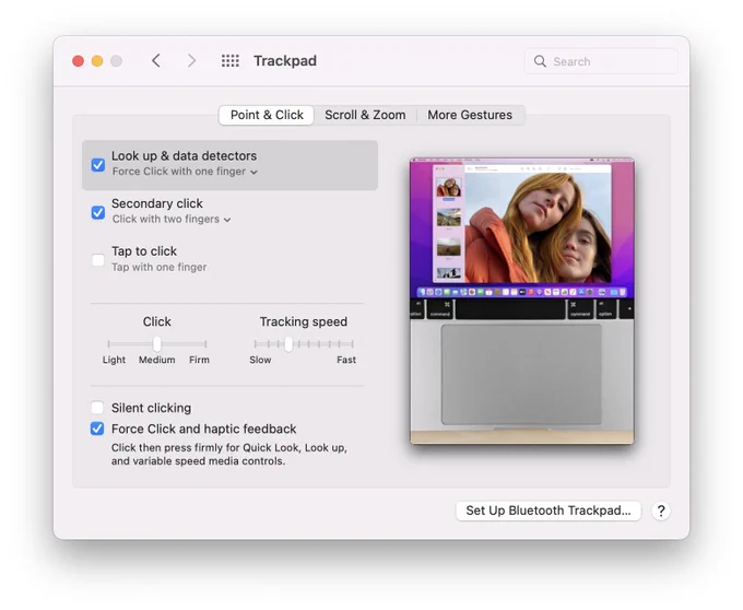 Trackpad preferences in macOS Monterey.