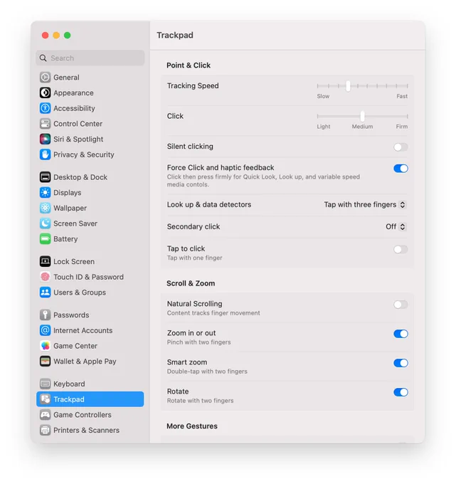 Trackpad preferences in macOS Ventura.