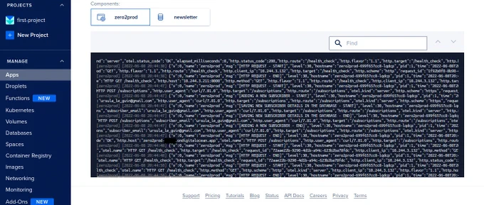 Digital ocean dashboard with zero2prod api logs
