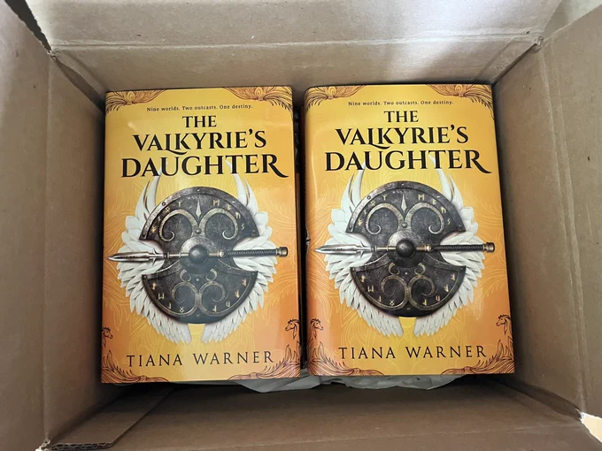 The Valkyrie’s Daughter print copies sit in an open cardboard box