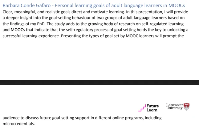 Abstract presented to the FLAN event titled 'Personal learning goals of adult language learners in MOOCs'. 