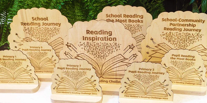 First Minister's Reading Challenge trophies, wooden with laser engravings