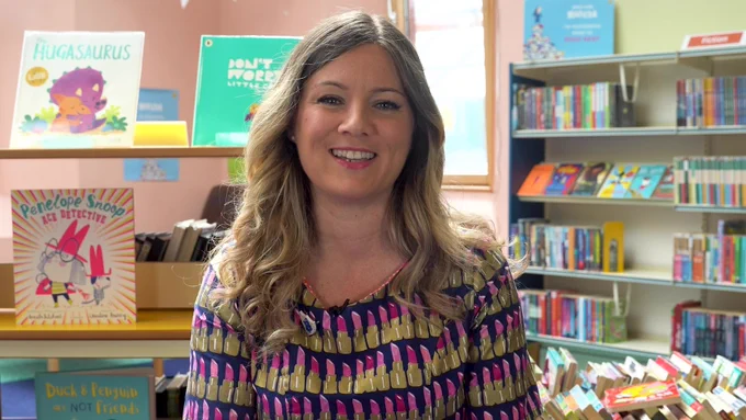 Pamela Butchart in a school library