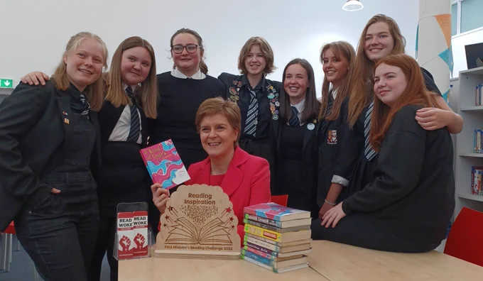 Pupils from Prestwick Academy who took part in the 2022 First Minister's Reading Challenge with First Minister Nicola Sturgeon as they celebrate winning the national Reading Inspiration Award.