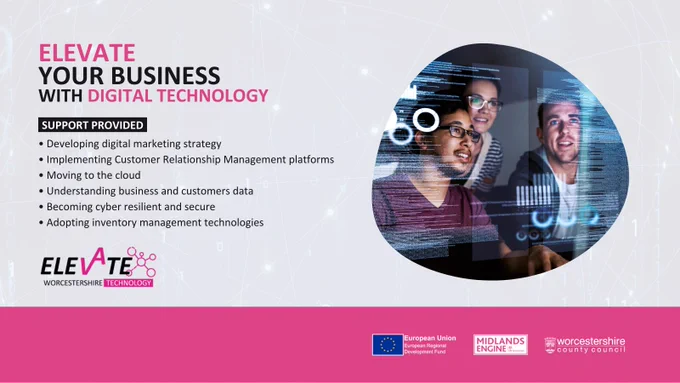 People looking at code.
Text reads:
Elevate your business with digital technology
Support provided 
•	Developing digital marketing strategy
•	Implementing customer relationship management platforms
•	Move to the cloud
•	Understanding business and customers data
•	Becoming cyber resilient and secure
•	Adopting inventory management technologies

