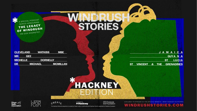 A specially commissioned poster for the Hackney Windrush Stories podcast created by Graphic designer Abi Wright.