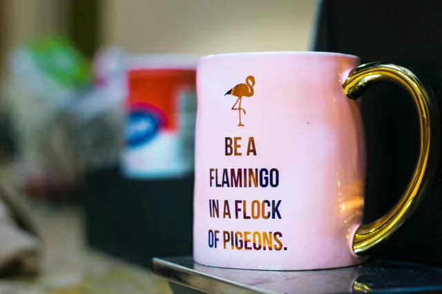 cup saying 'be a flamingo in a flock of pigeons'