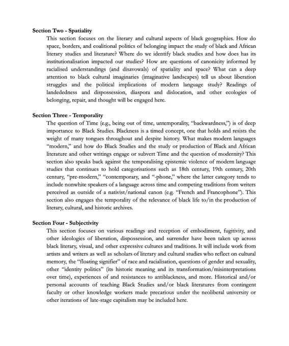 Page three of the call for the volume Transnational Black Studies edited by SA Smythe. Includes descriptions of "Section Two: Spatiality," "Section Three: Temporality," and "Section Four: Subjectivity." A reader-friendly version of the call can be found at the link in this tweet.