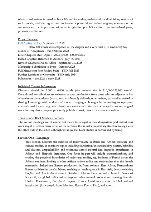 Page two of the call for the volume Transnational Black Studies edited by SA Smythe. Includes "Project Timeline" and a description of "Section One: Language" A reader-friendly version of the call can be found at the link in this tweet.
